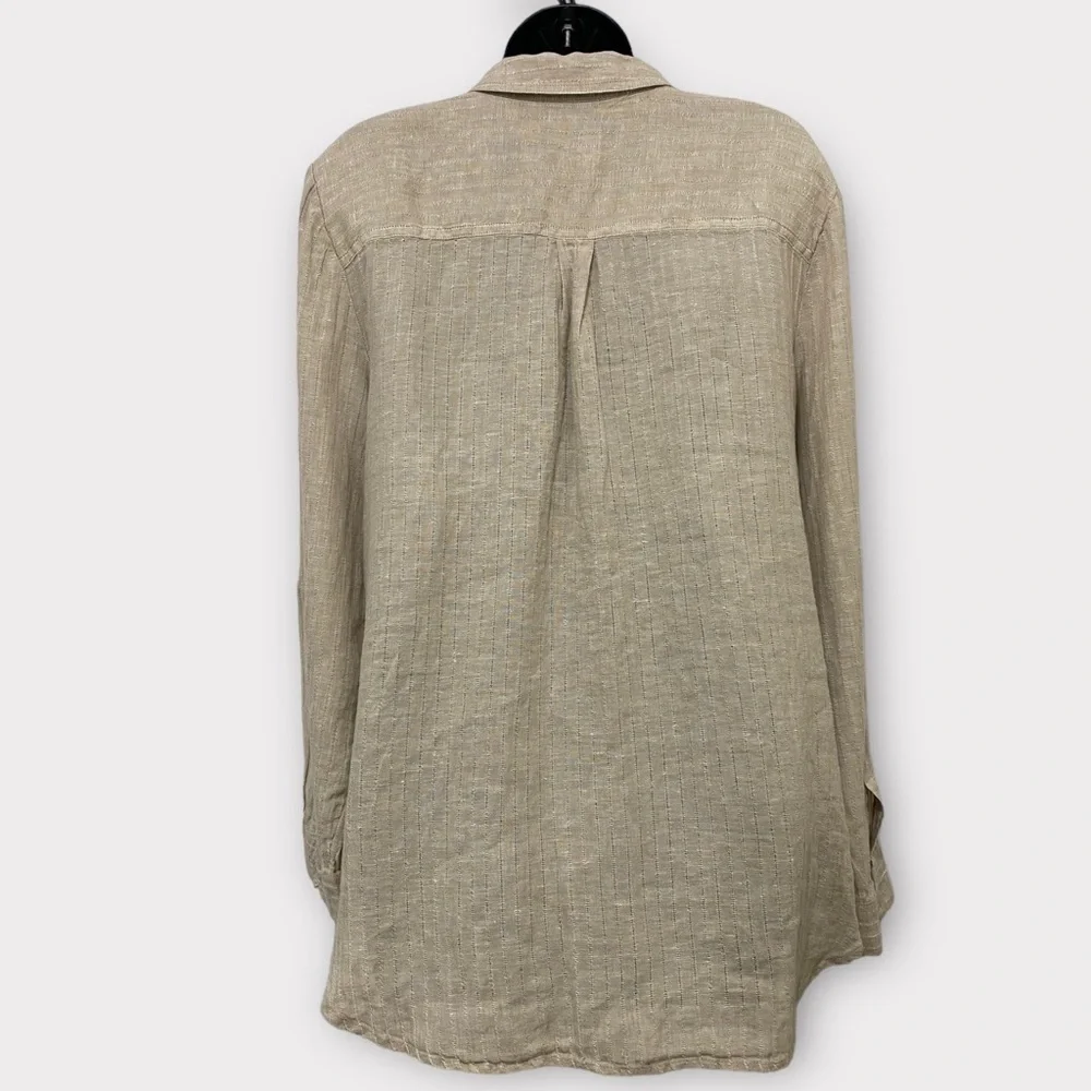 Chico's 100% Linen Tan Roll Tab Sleeve 1/2 Button Pullover Top Size Large - Picture 5 of 11